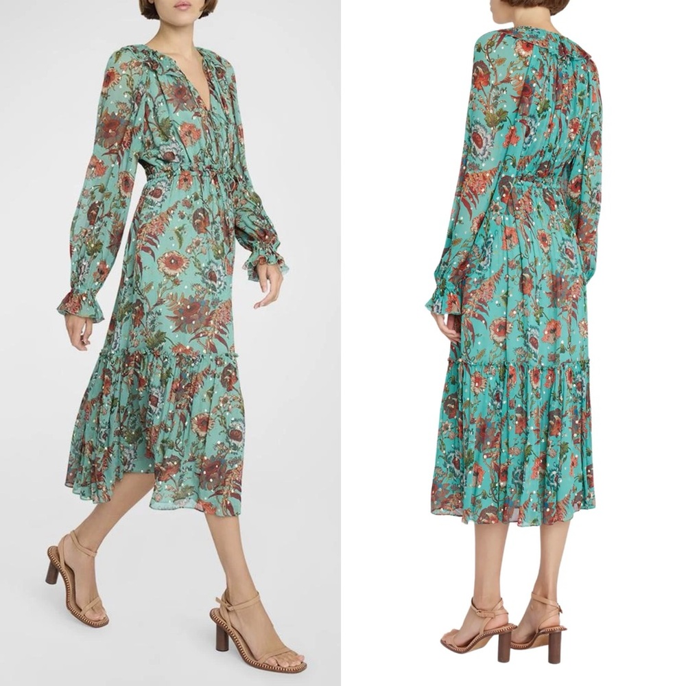 Ulla Johnson Audette Tiered Floral Silk Chiffon Dress Aqua Multi Size 6 - Picture 3 of 9